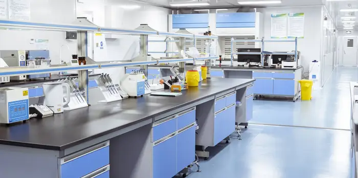 Close-up of cleanroom ceiling panel with integrated lighting and HEPA access