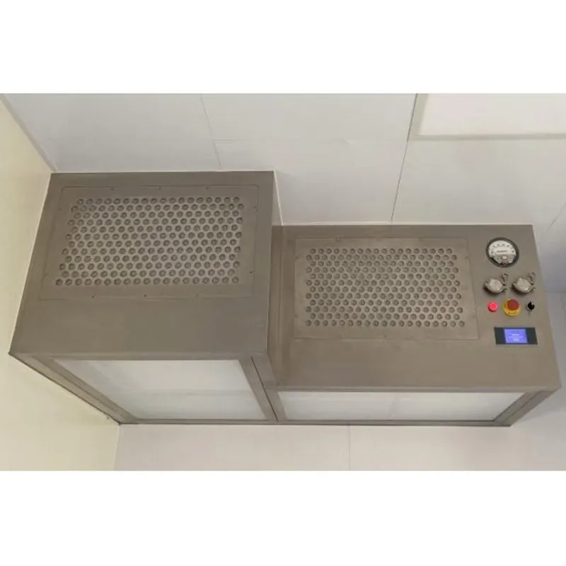 Clean laminar flow hood with open sash, showing uniform airflow pattern and stainless steel work surface