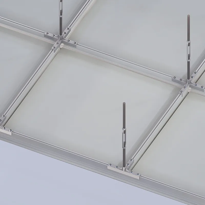 Clean room ceiling grid installed in a high-bay semiconductor manufacturing hall with integrated FFUs and lighting