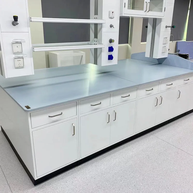 Steel chemistry lab furniture installed in a Class 7 semiconductor metrology lab with integrated gas lines and FFU ceiling grid